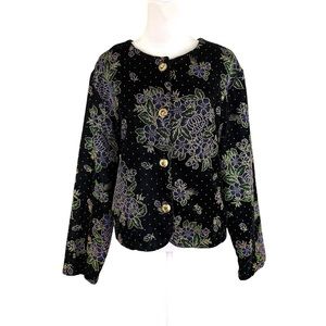 Vintage L Joanna Lightweight Velvet Jacket Black Floral Embroidery Button Up